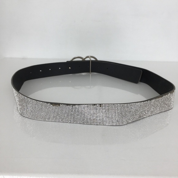 Faux Leather Rhinestone Studded Statement Belt Silver Double Circle Buckle Bling - Picture 9 of 11